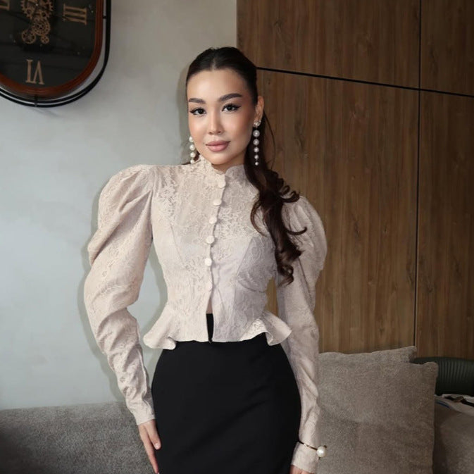 Women's Tailored Jacquard Blouse with Stand Collar, Puff Sleeves and Ruffle Hem Mune Fashion