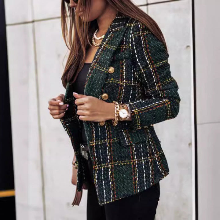 Ladies elegant tweed blazer with double button, textured weave and patch pockets Mune Fashion