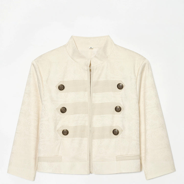 Women's Boxy-Cropped Jacquard Jacket with Stand Collar and Decorative Button Placket Mune Fashion