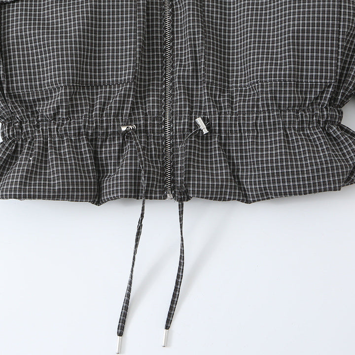 Women’s short jacket in checkered utility bomber with high stand collar and drawstring waist Mune Fashion