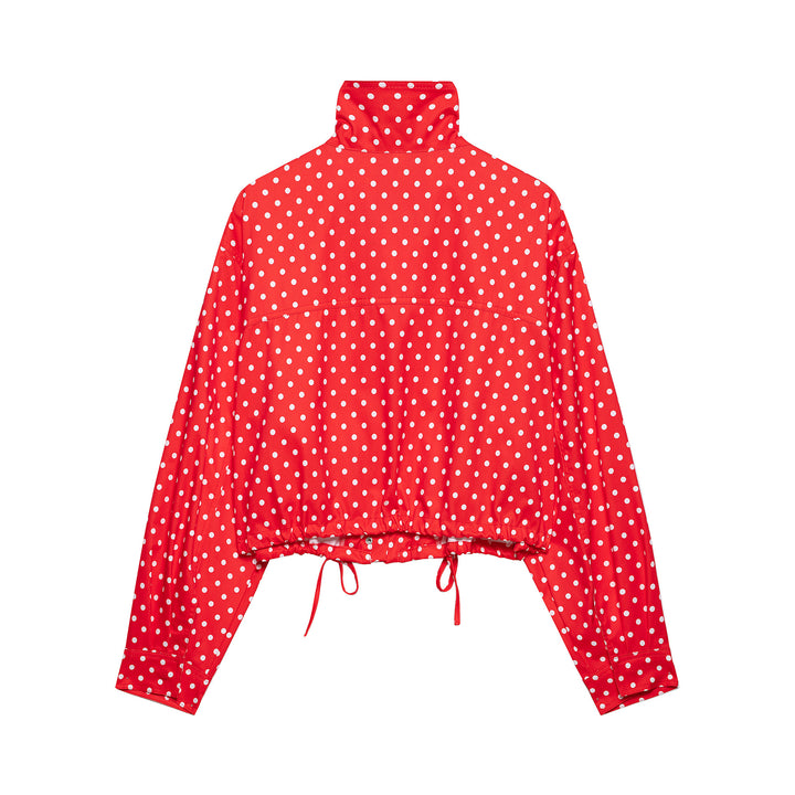 Women's Polka Dot Cropped Rain Jacket with Stand Collar and Drawstring Hood