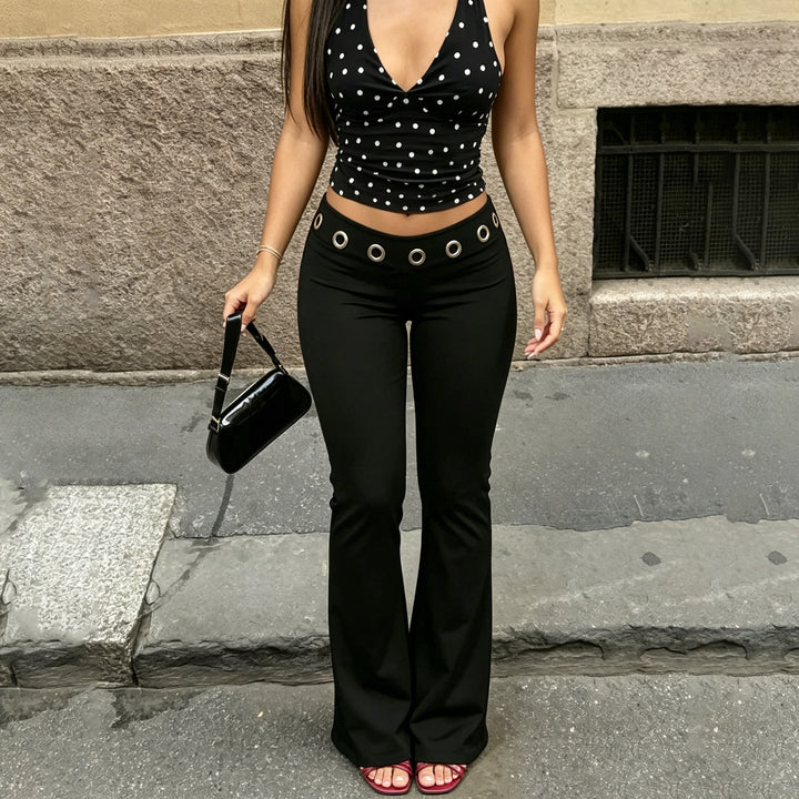 Women's flared trousers with decorative metal eyelet waistband and stretch jersey Mune Fashion