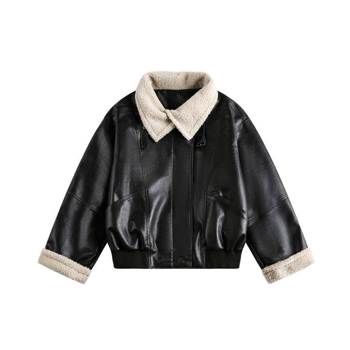 Women’s Modern Aviator Blouson made of vegan leather with teddy collar and contrasted sleeve cuffs Mune Fashion