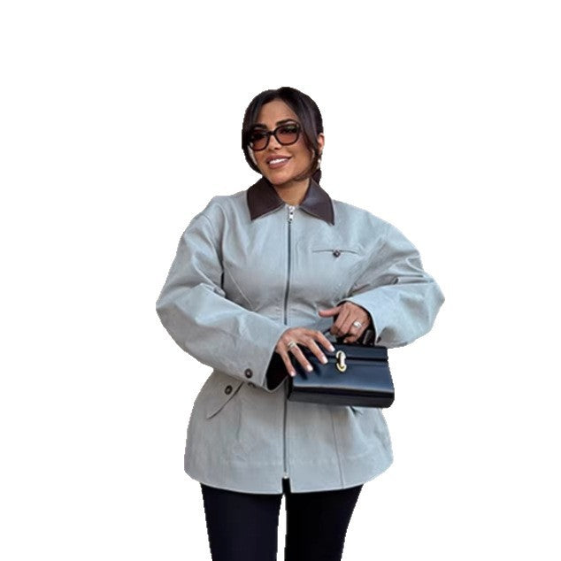 Women's Oversize Jacket in Leather Look with Contrasting Shirt Collar and Zipper Mune Fashion