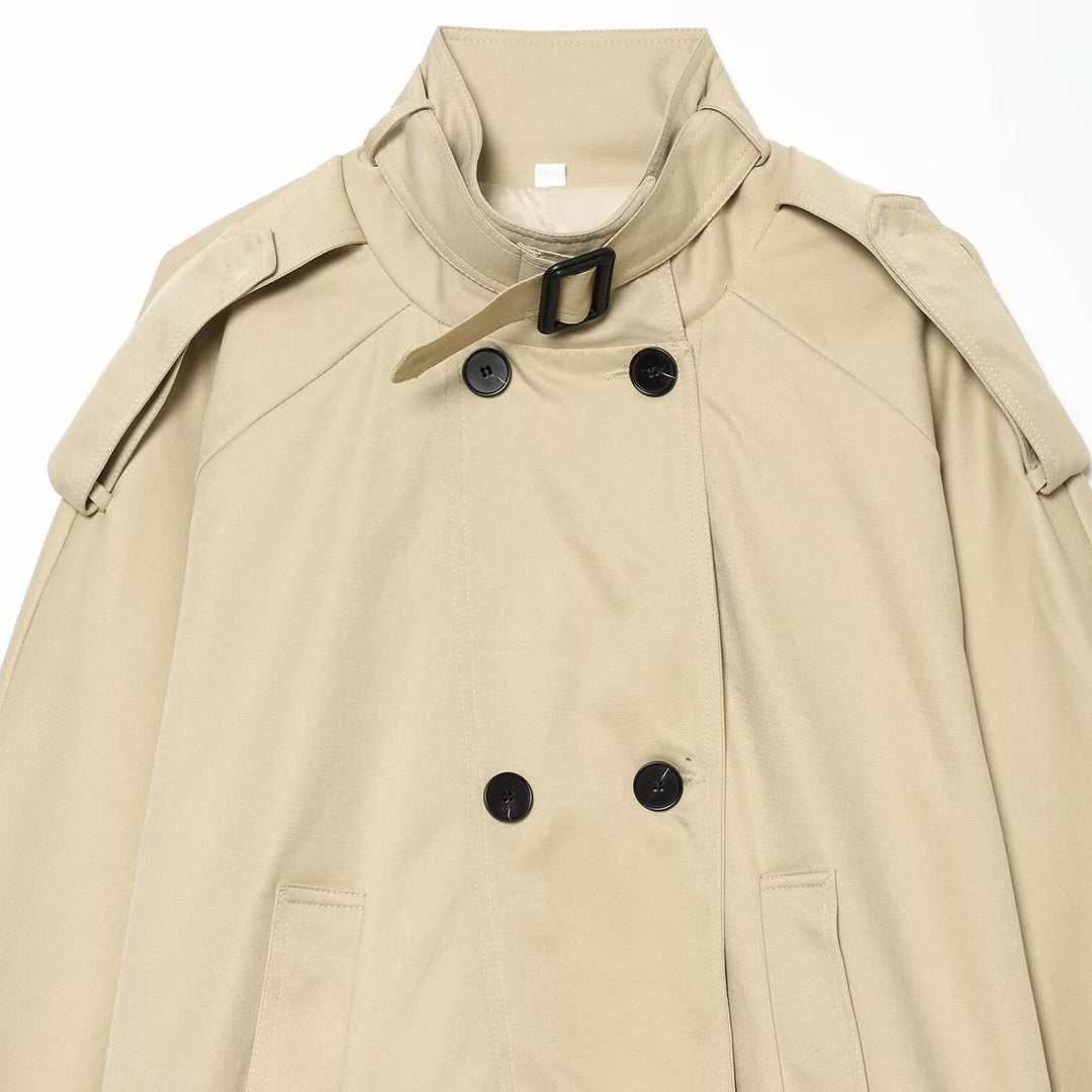 Women Short Trench Cape Jacket with Stand-Up Collar and Double-Breasted Button Placket Mune Fashion