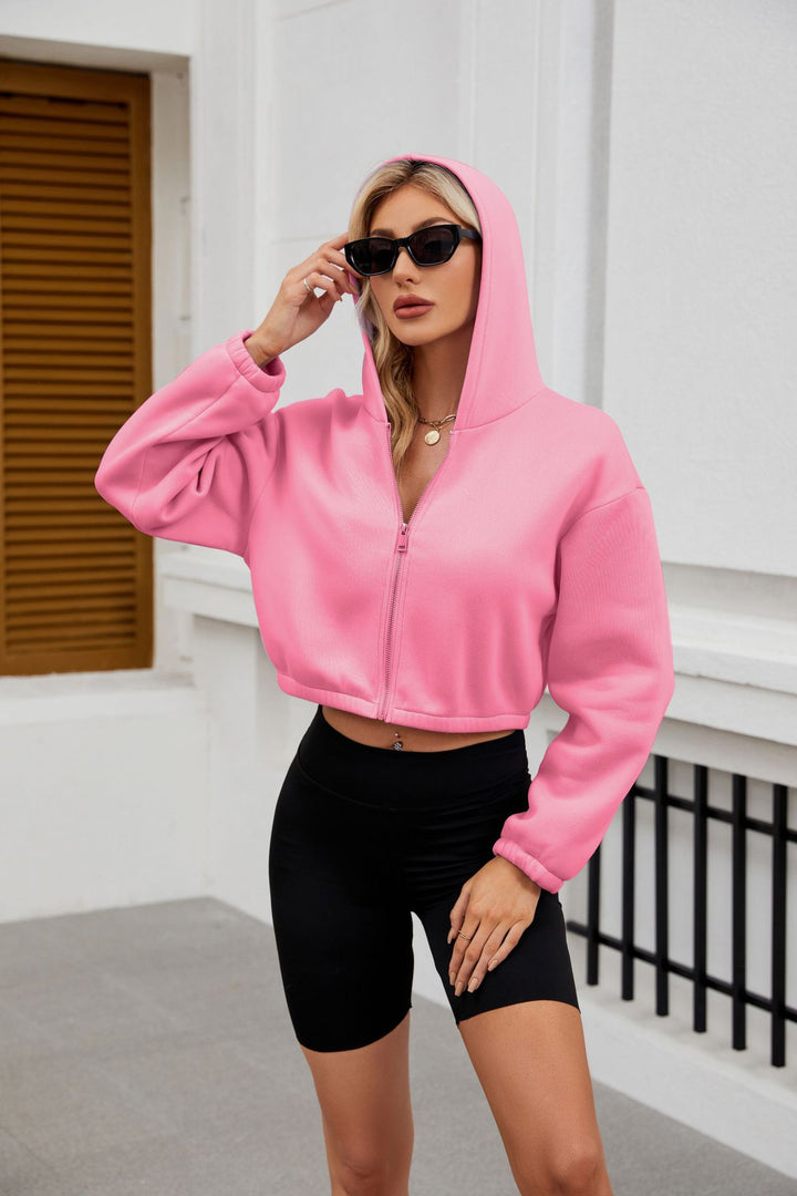 Women's Cropped Hoodie Jacket with Full Zipper and Oversized Sleeves Mune Fashion