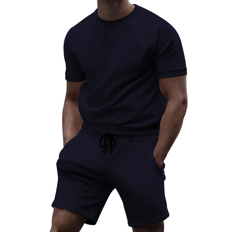 Men's short-sleeve sweat set made of soft sweatshirt fabric with a round neck shirt and drawstring shorts Mune Fashion