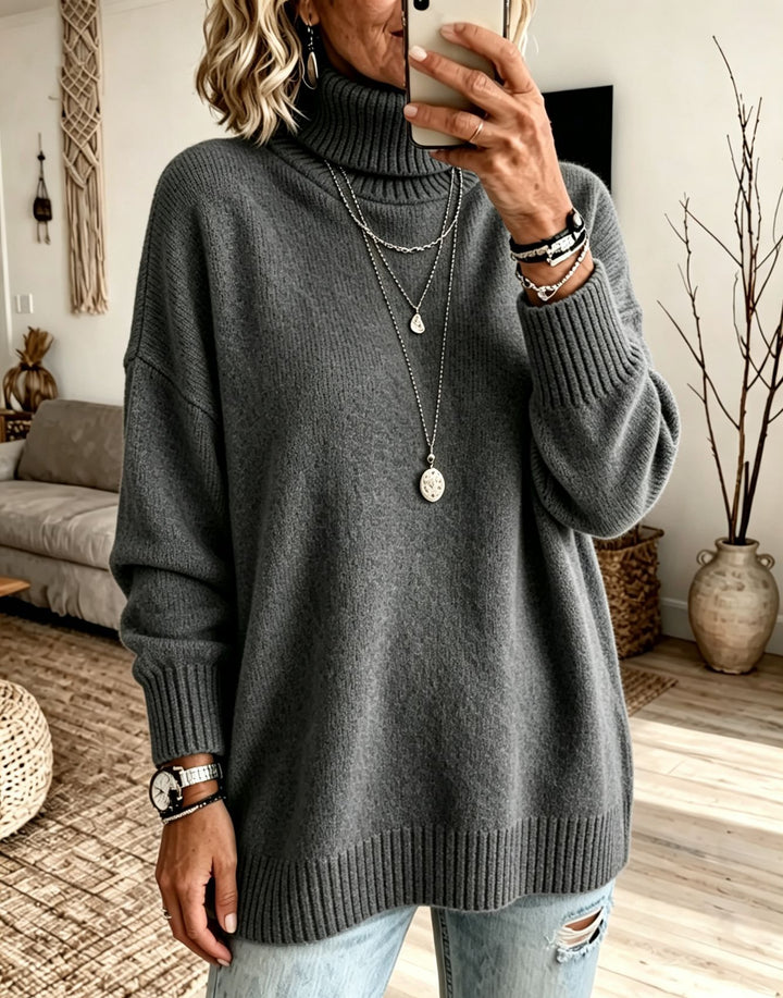 Women's Oversize Rollneck Sweater made of fine knit with ribbed cuffs and dropped shoulders Mune Fashion