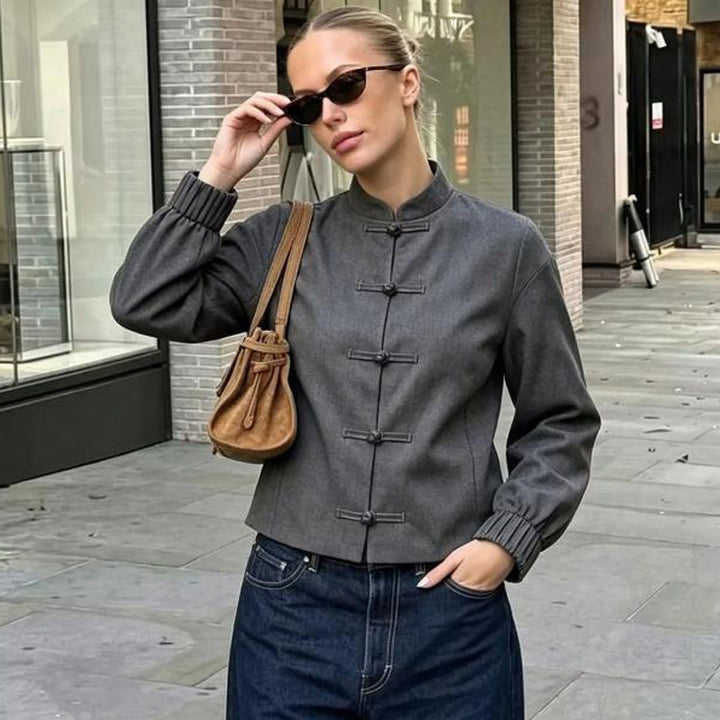 Women's short jacket with stand-up collar, Chinese knot closures, and elastic cuffs Mune Fashion