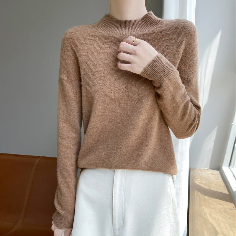 Women's Soft Fine Knit Mock Neck Sweater with Chevron Ajour and Cashmere Look Mune Fashion
