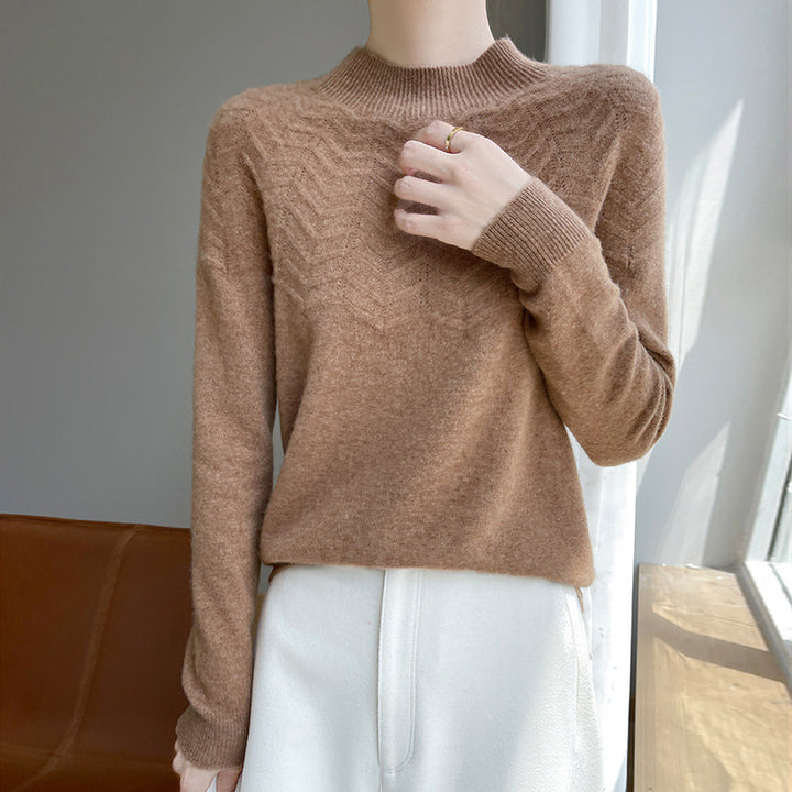 Women's Soft Fine Knit Mock Neck Sweater with Chevron Ajour and Cashmere Look Mune Fashion