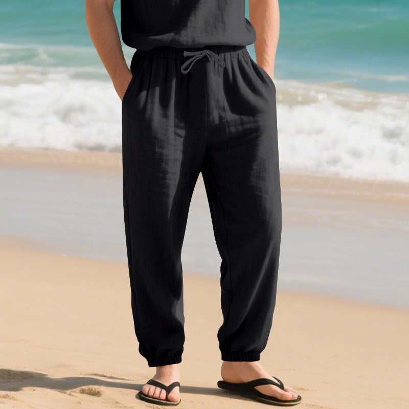 Men's lightweight linen blend lounge pants with drawstring waistband, side pockets, and elastic cuffs Mune Fashion