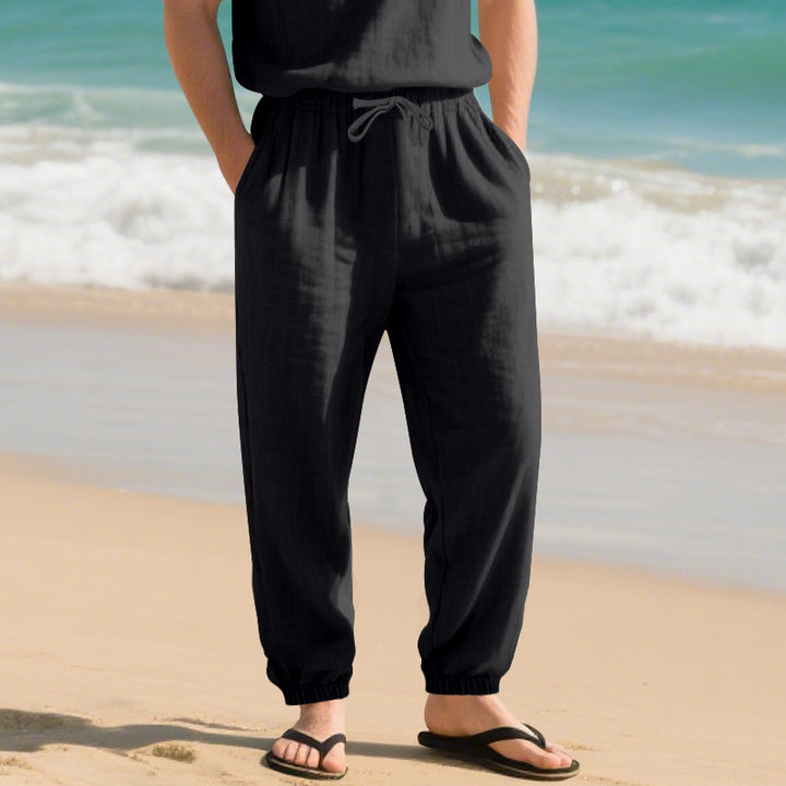 Men's lightweight linen blend lounge pants with drawstring waistband, side pockets, and elastic cuffs Mune Fashion