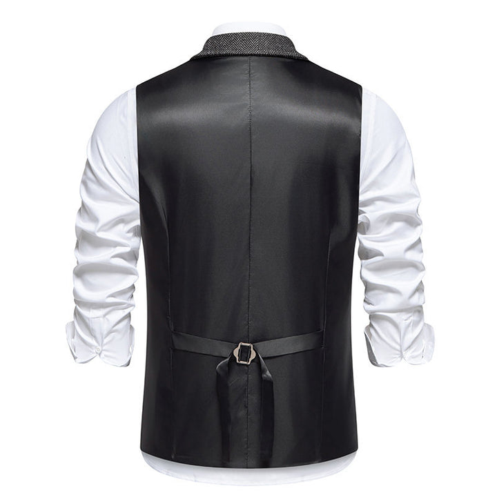 Men's Tweed Vest with Herringbone Pattern, Lapel Collar and Patch Pockets Mune Fashion