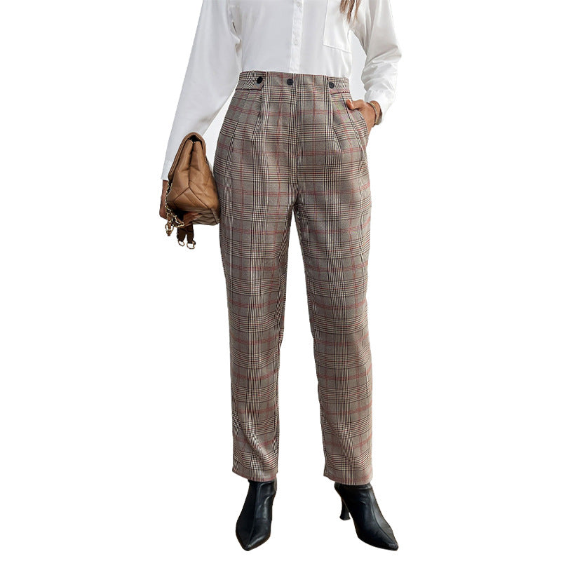 Women's Checkered High-Waisted Pleated Trousers with Straight Leg Mune Fashion