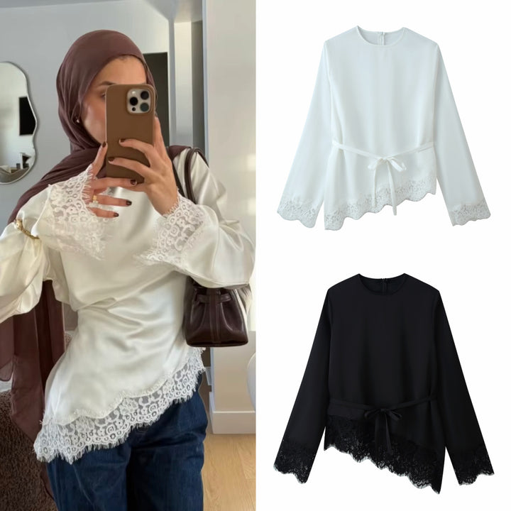 Women's satin blouse with lace trim, scalloped hem, and wide sleeves Mune Fashion