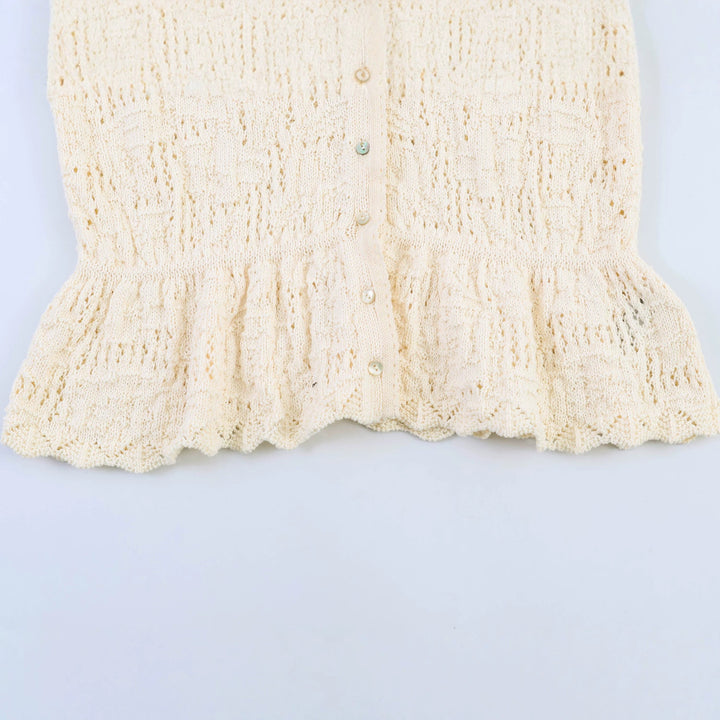 Women's Knitted Button Placket Blouse with Ruffled Waist and Embroidered Balloon Sleeves Mune Fashion
