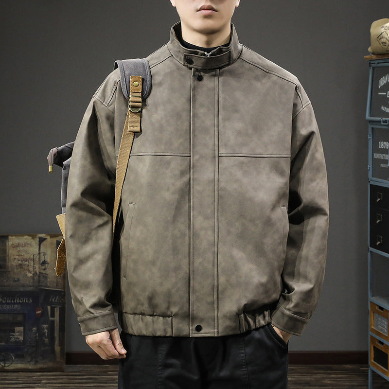 Men's Minimalist Vintage Faux Leather Bomber Jacket with Stand Collar and Concealed Snap Placket Mune Fashion