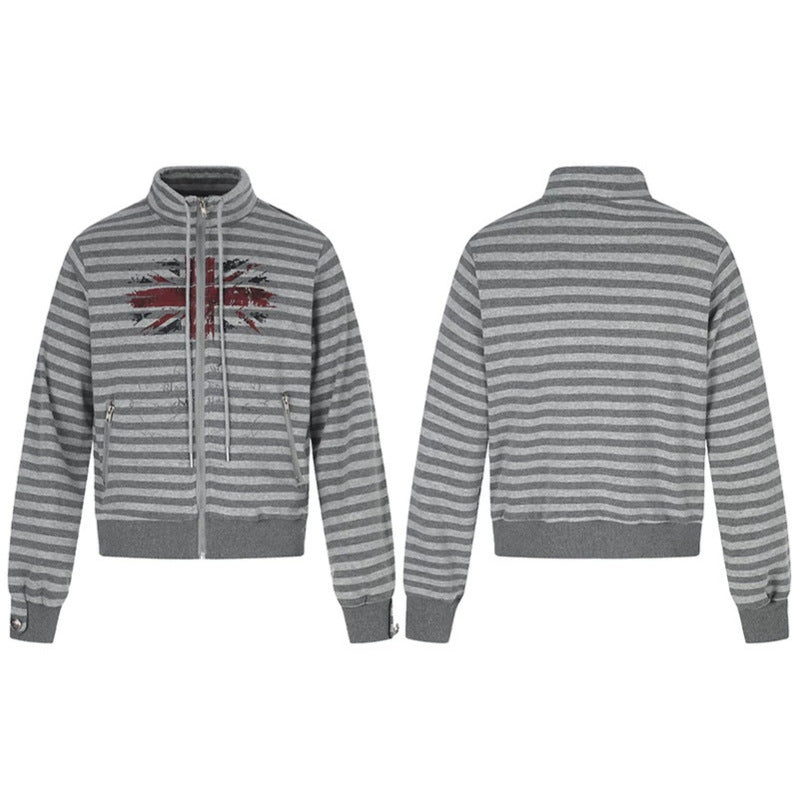 Women's Striped Zip Sweat Jacket with Stand Collar, Zipper Pockets and Vintage Flag Print Mune Fashion