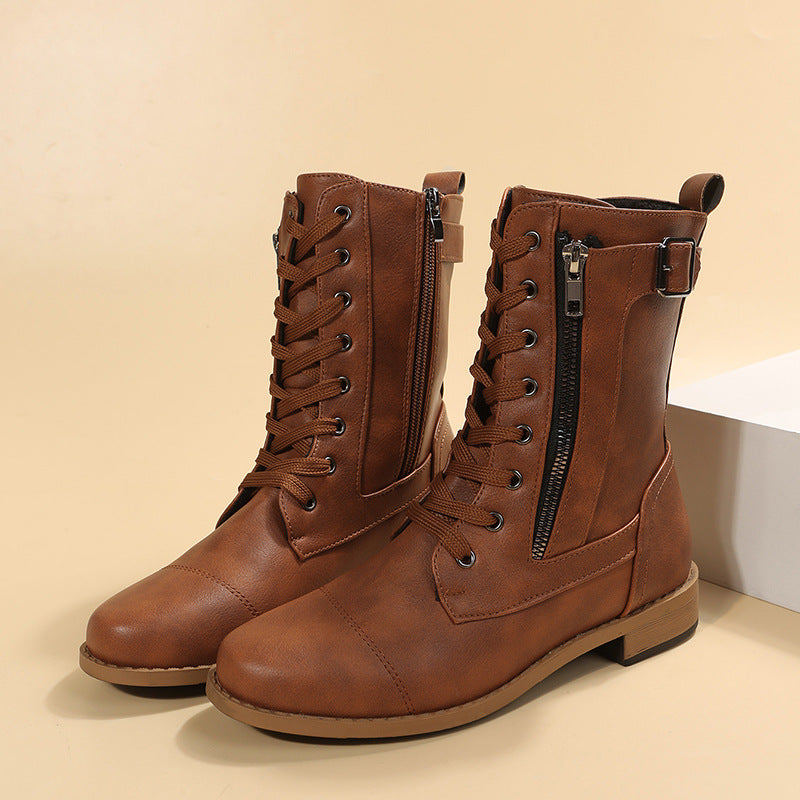 Women's ankle-high laced combat ankle boots with side double zipper and adjustable buckle strap Mune Fashion
