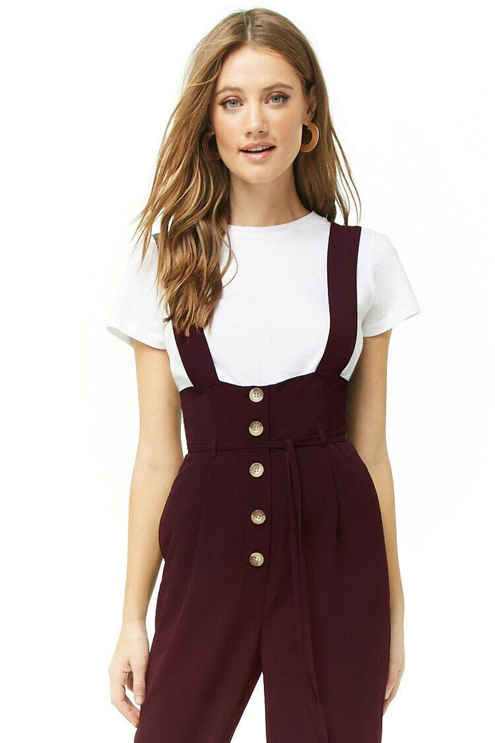 Women's High-Waist Overall Jumpsuit with Button Placket and Wide Straps Mune Fashion