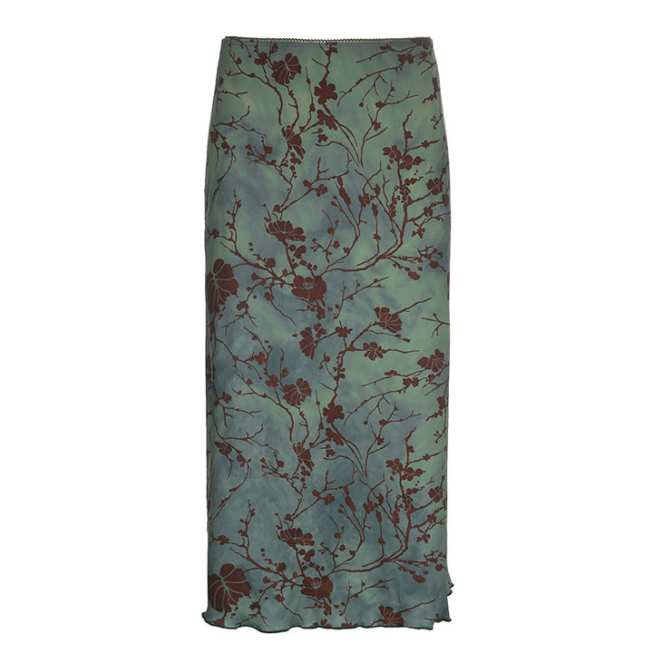 Women's satin midi skirt with floral velvet appliqué and narrow silhouette Mune Fashion