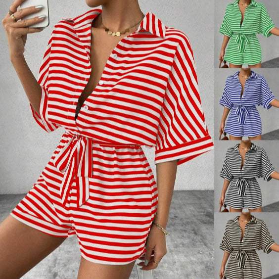 Women Striped Short Jumpsuit with Shirt Collar and Waist Tie Belt Mune Fashion