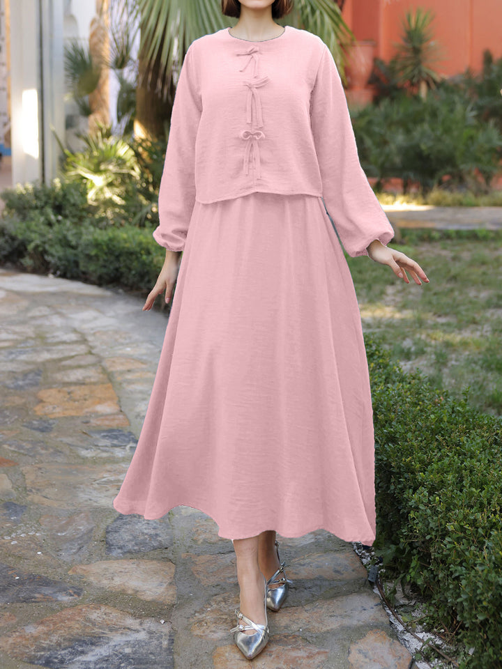 Ladies Long Two-Piece Maxi Dress with Overlay, Round Neck and Decorative Knot