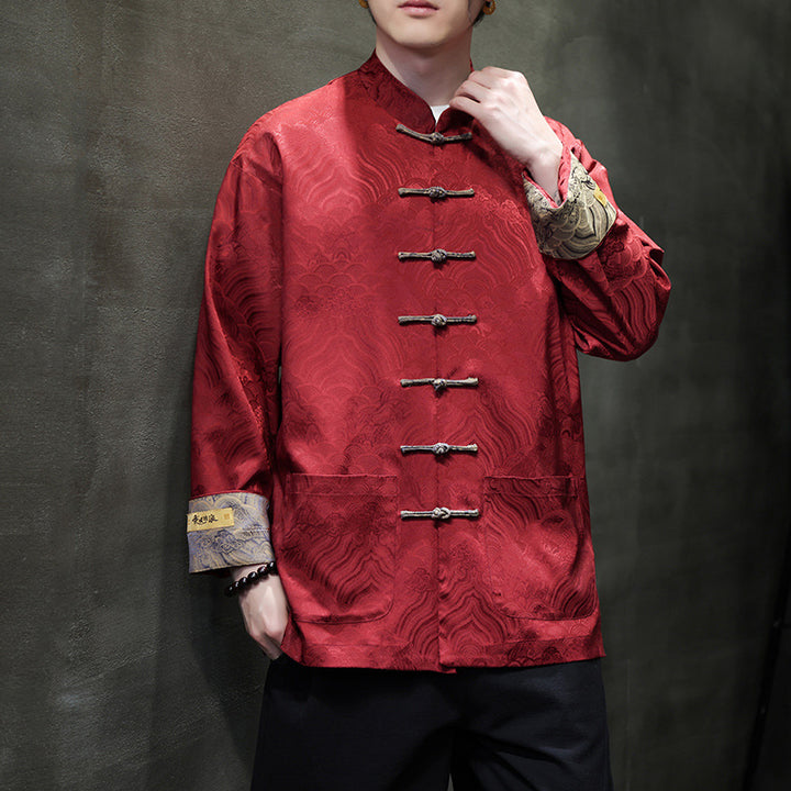 Men's traditional Tang jacket with Chinese knot closure and brocade sleeves Mune Fashion