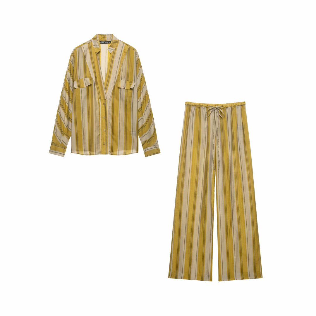 Women Striped Lounge Two-Piece with Oversized Shirt and Wide Drawstring Pants Mune Fashion