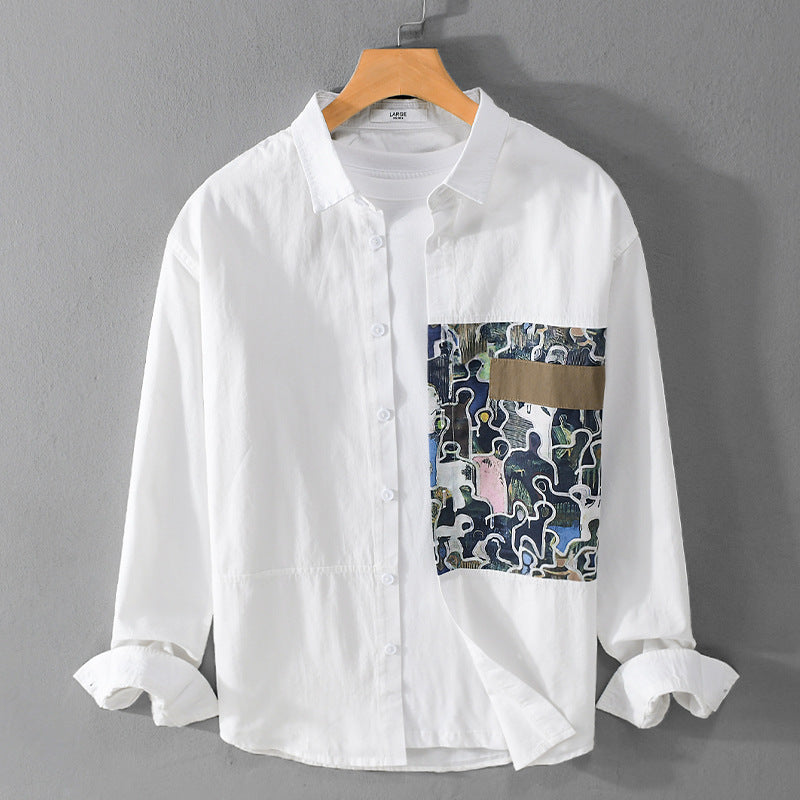 Men's cotton shirt with large art print chest patch and Kent collar Mune Fashion