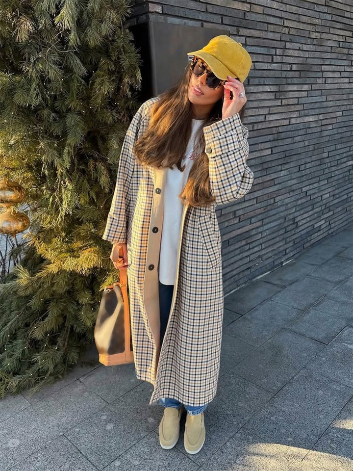 Women’s Maxi Long Checked Wool Blend Coat with Straight Silhouette Mune Fashion