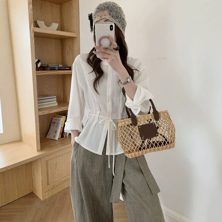 Women Light Cotton Gauze Blouse with Drawstring Waist and Stand-Up Collar Mune Fashion