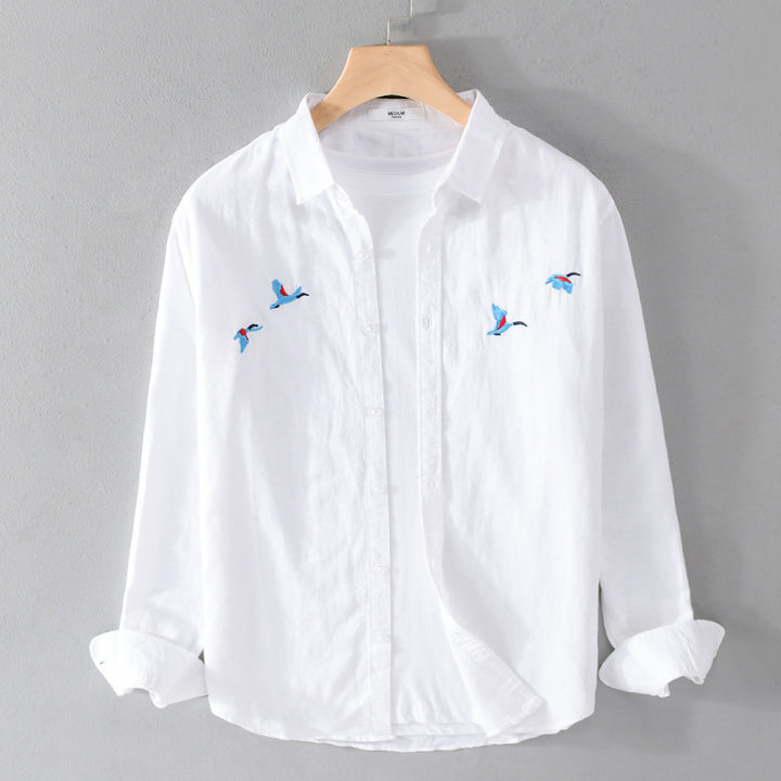 Men's Lightweight Linen Shirt with Fine Bird Embroidery and Relaxed Fit Mune Fashion