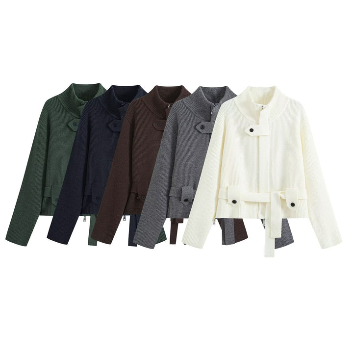 Ladies Short Knitted Tailored Cardigan with Stand-up Collar and Waist Belt Drune