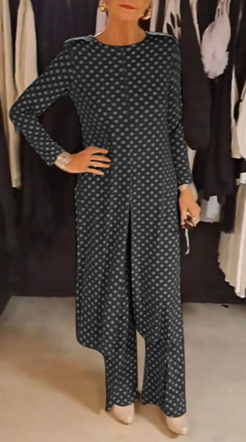 Women Nan Polka Dot Lounge Set with Long A-Line Tunic, Center Front Slit, and Wide Palazzo Pants Mune Fashion