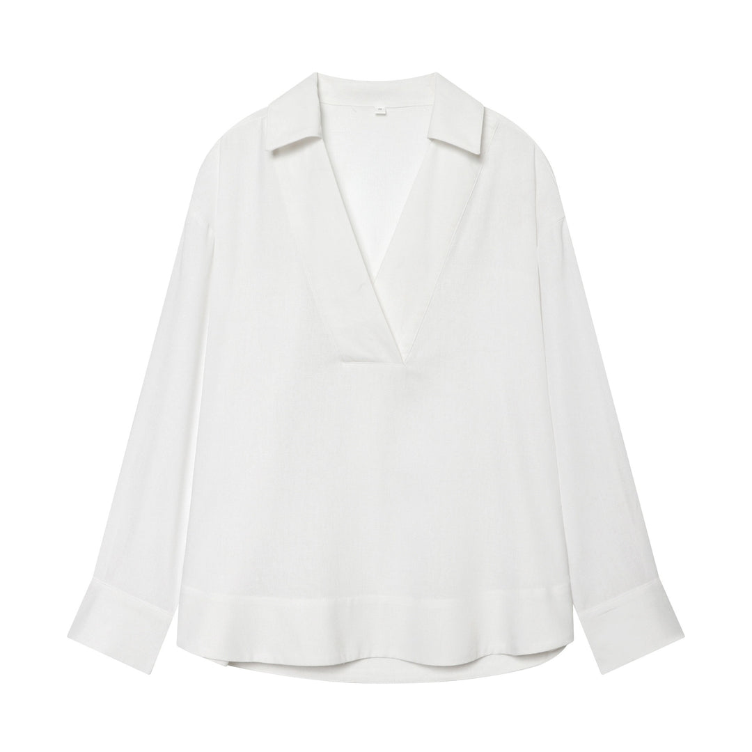 Women's loosely falling linen-look blouse with V-neck, shirt collar, and cuffed sleeves Mune Fashion