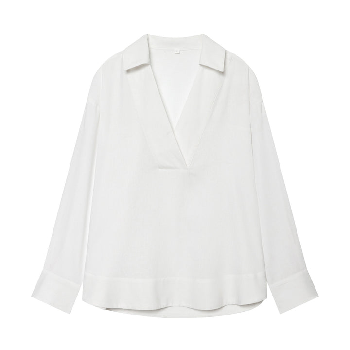 Women's loosely falling linen-look blouse with V-neck, shirt collar, and cuffed sleeves Mune Fashion