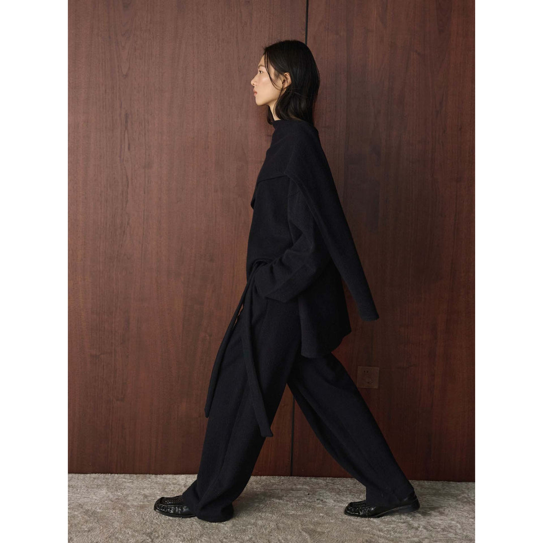 Women's High-Waisted Palazzo Pants made of structured wool blend with pleat and tunnel belt Mune Fashion