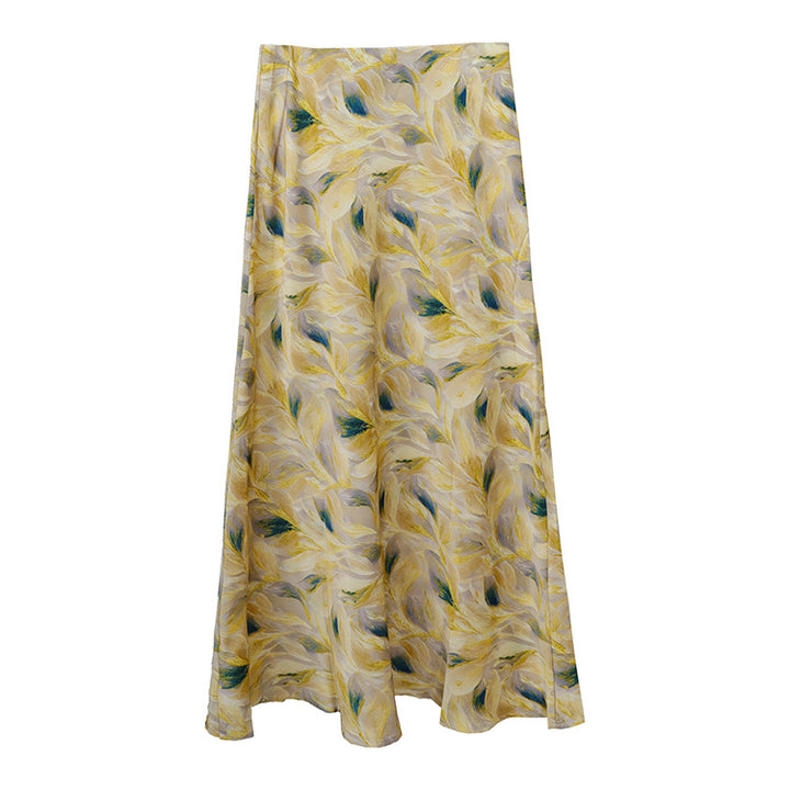 Women's flowing midi skirt with floral print and A-line silhouette in satin-like fabric Mune Fashion