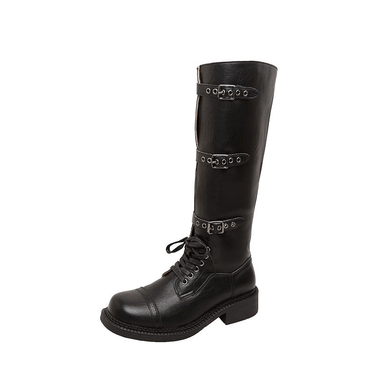 Ladies knee-high lace-up boots with decorative and adjustable buckles Mune Fashion