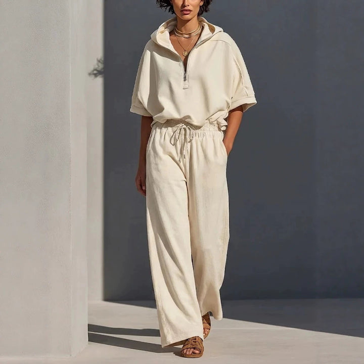 Women's Casual Lounge Set with Half-Zip Hoodie and Wide Palazzo Pants Mune Fashion
