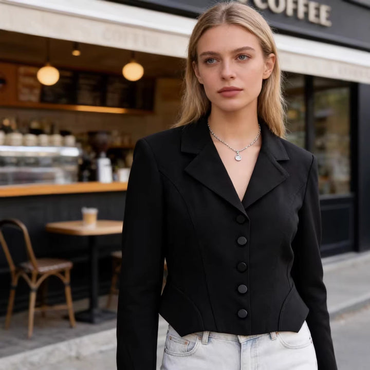 Women Fitted Cropped Blazer with Princess Seams and Matte Covered Buttons Mune Fashion
