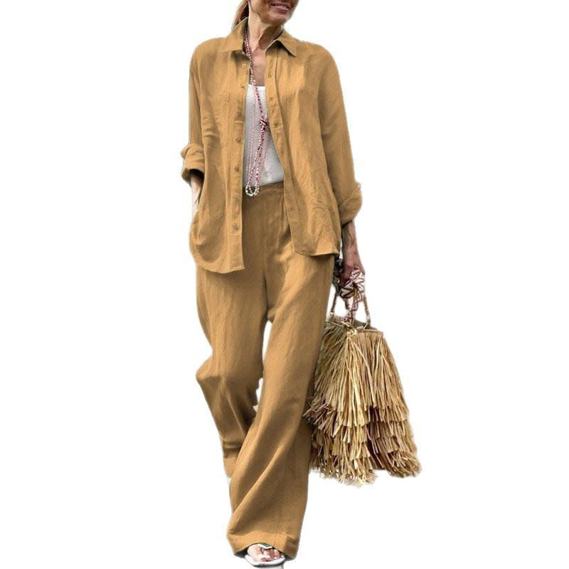 Women's Lightweight Linen Two-Piece Set with Loose Shirt Blouse and Wide High-Waist Pants Mune Fashion