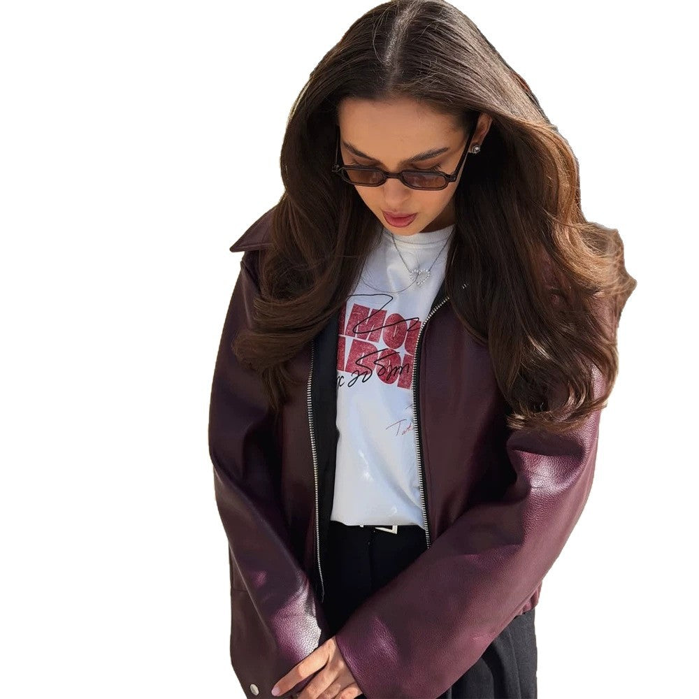 Women Boxy Faux Leather Jacket with Full Zip, Shirt Collar and Light Cropped Cut Mune Fashion