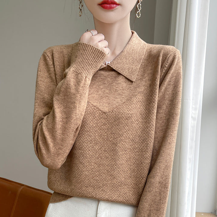 Women's Knit Sweater with Shirt Collar and Textured Front Mune Fashion