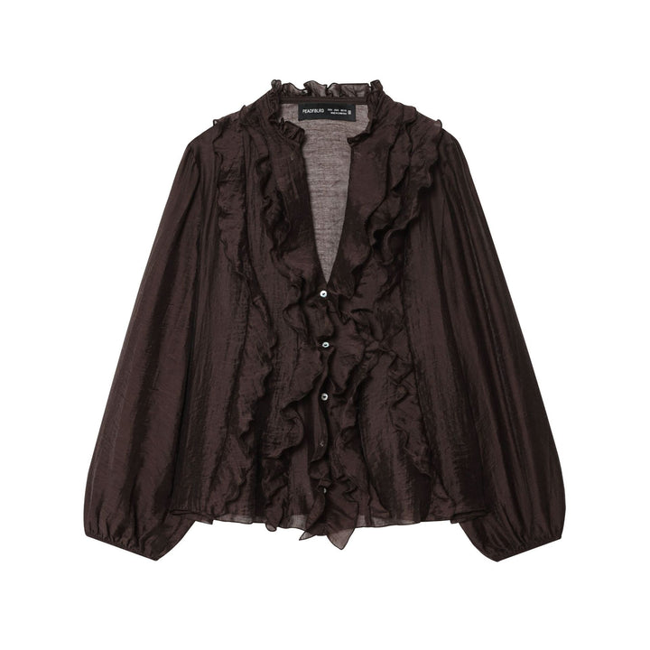 Women's delicate ruffle blouse made of crinkle chiffon with stand-up collar and balloon sleeves Mune Fashion