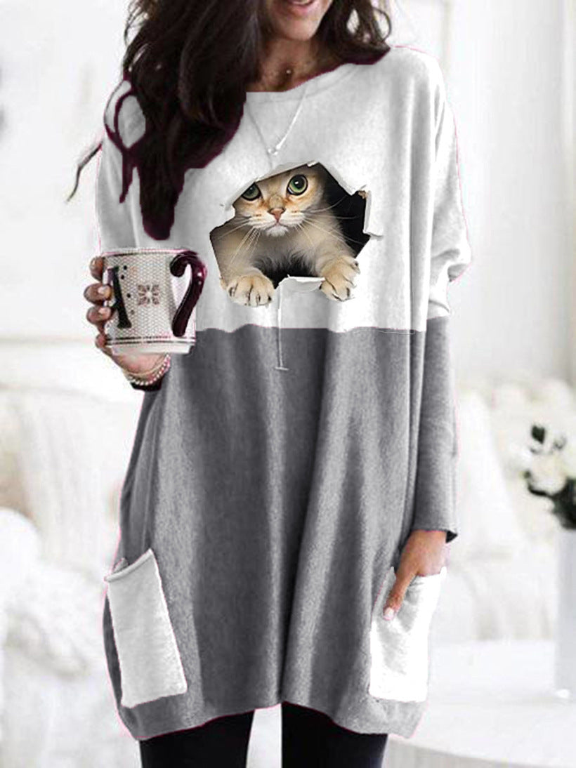 Women Longer Colorblock Knit Sweater with Cat Motif and Patch Pockets Mune Fashion