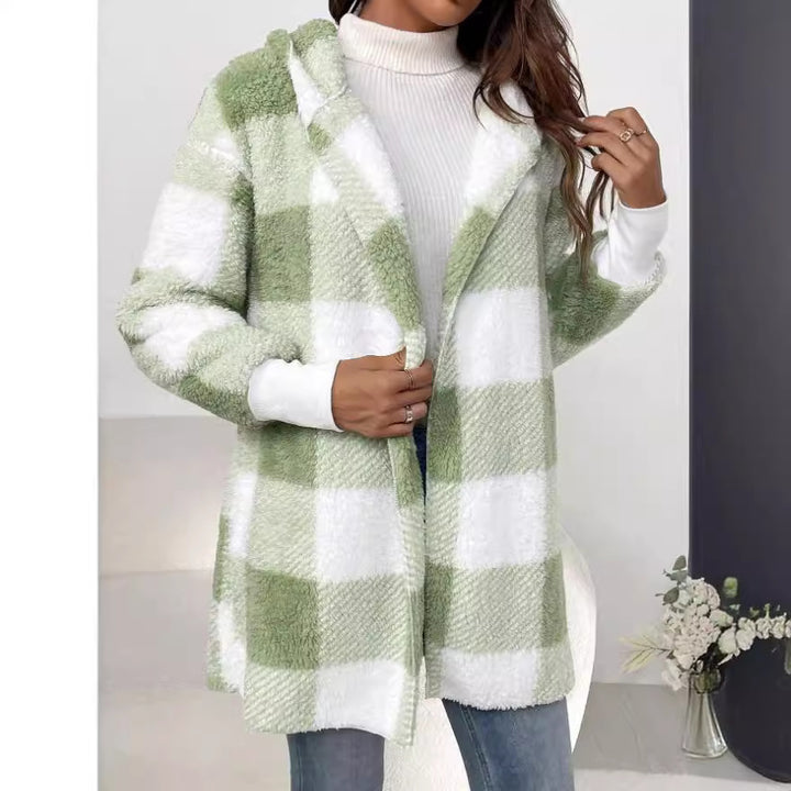 Women's checked teddy coat with large lapel collar and ribbed cuffs Mune Fashion