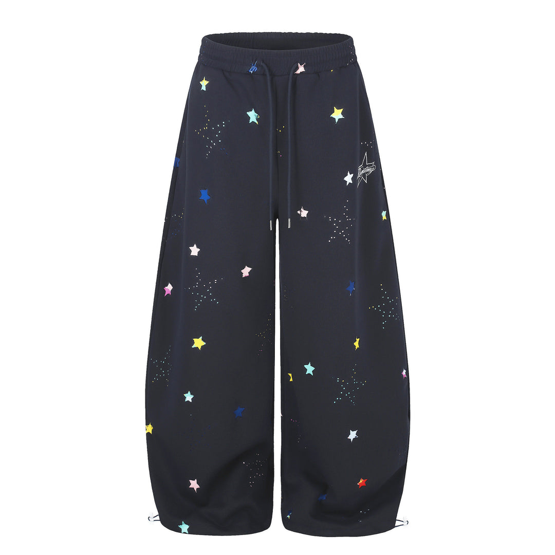 Women's extra wide palazzo capri sweatpants with star print, comfort waistband, and adjustable hem.